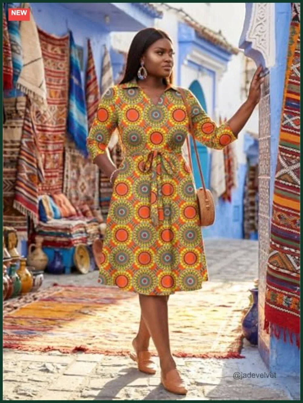 Plus Size Midi Dress with Pockets and Belt - 3/4 Sleeve Wrap V-Neck A-Line